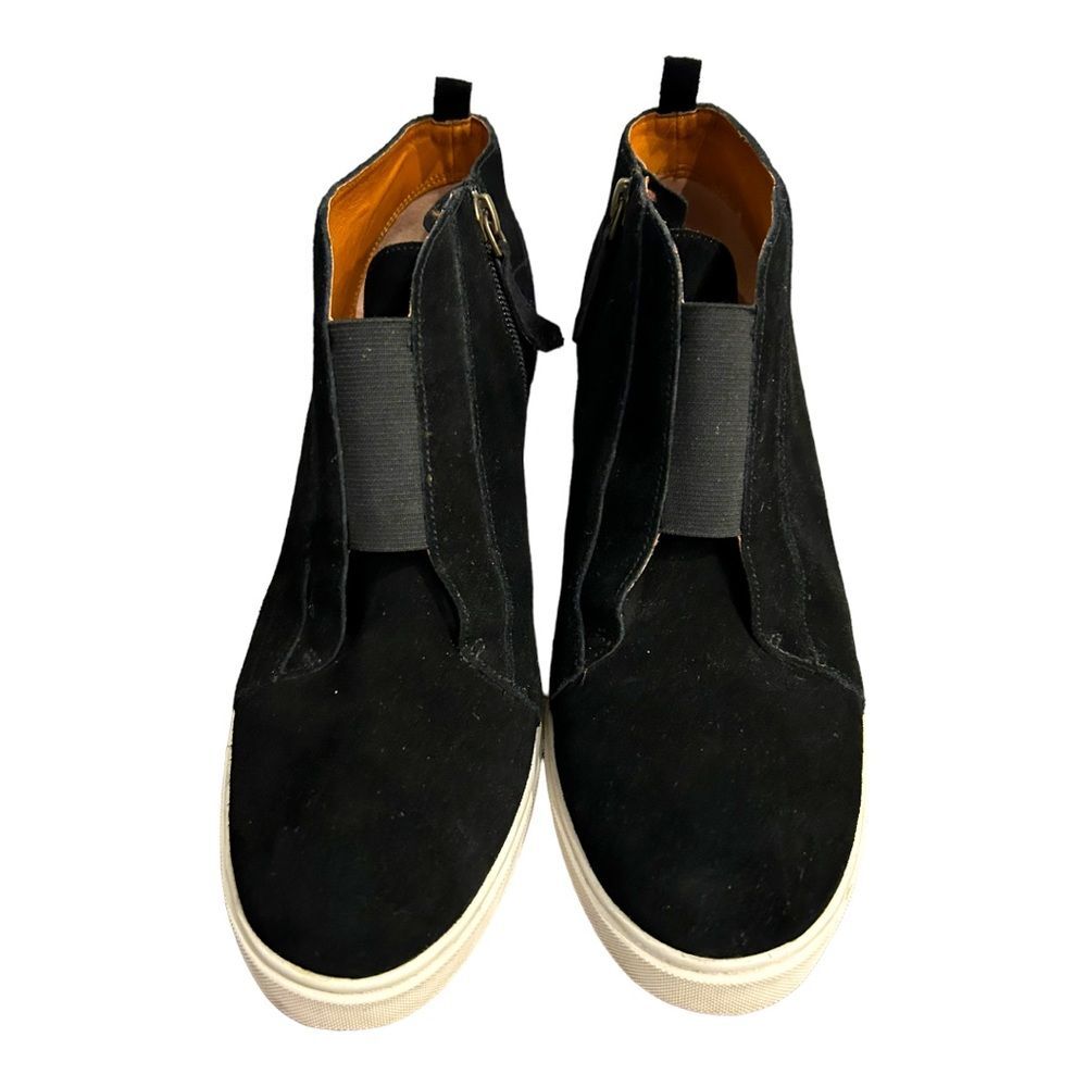 L Paolo Wedge Sneakers Black Suede Platform Shoes Ankle Zip Booties Size 9.5